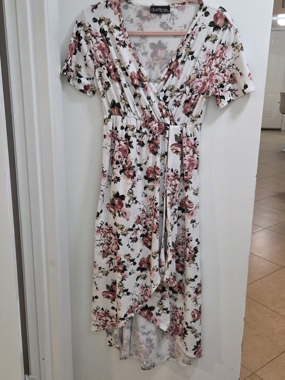 Due Time Maternity White Floral Wrap Midi Dress with Pink Rose Print, M